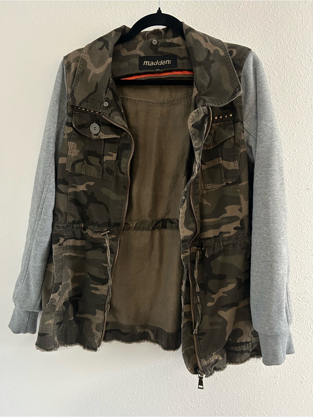 madden Womens Olive Camo Utility Jacket with Gray Sleeves